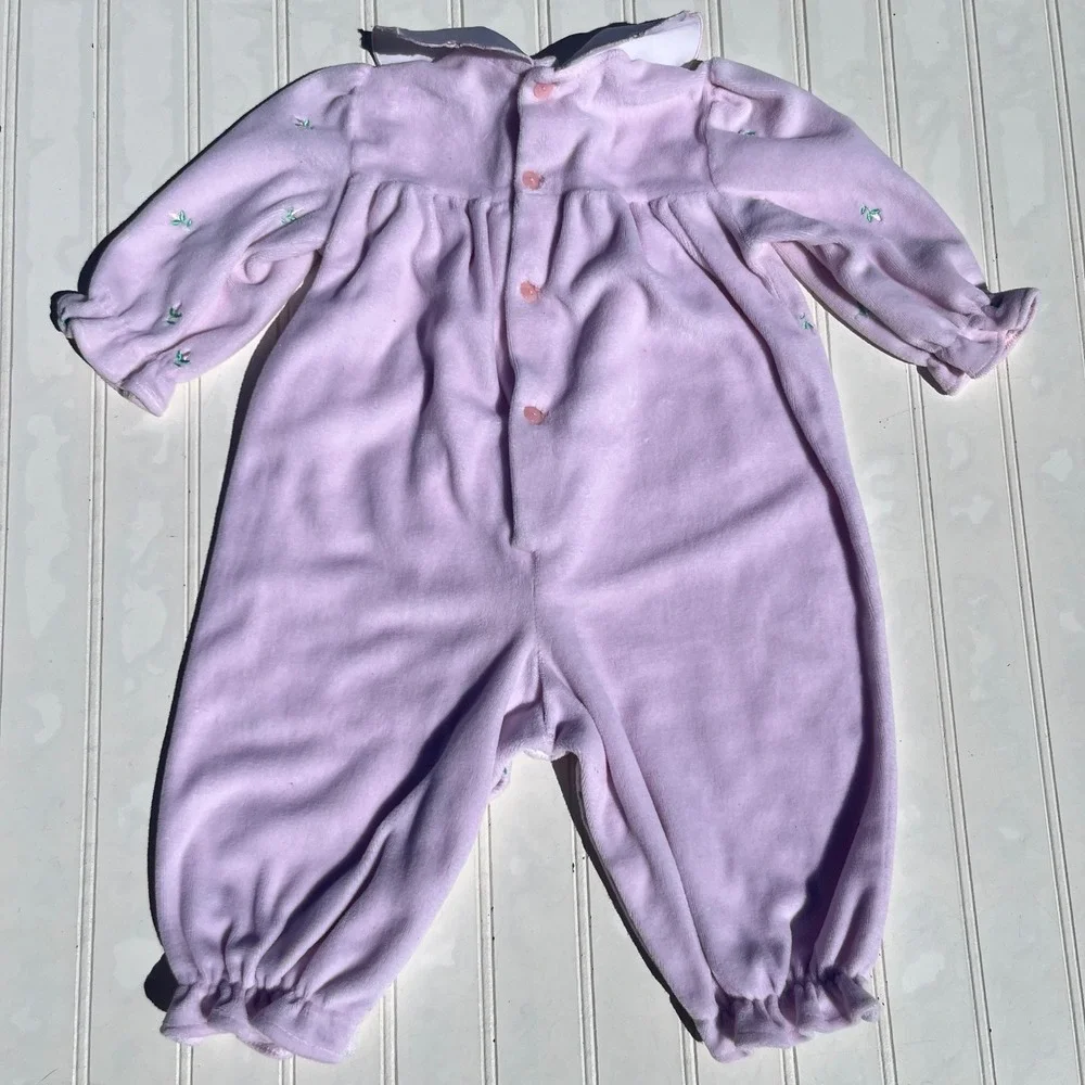 Vintage Embroidered Lavender Velour Floral Embroidered Baby Romper 6-9 Pink - Picture 5 of 6